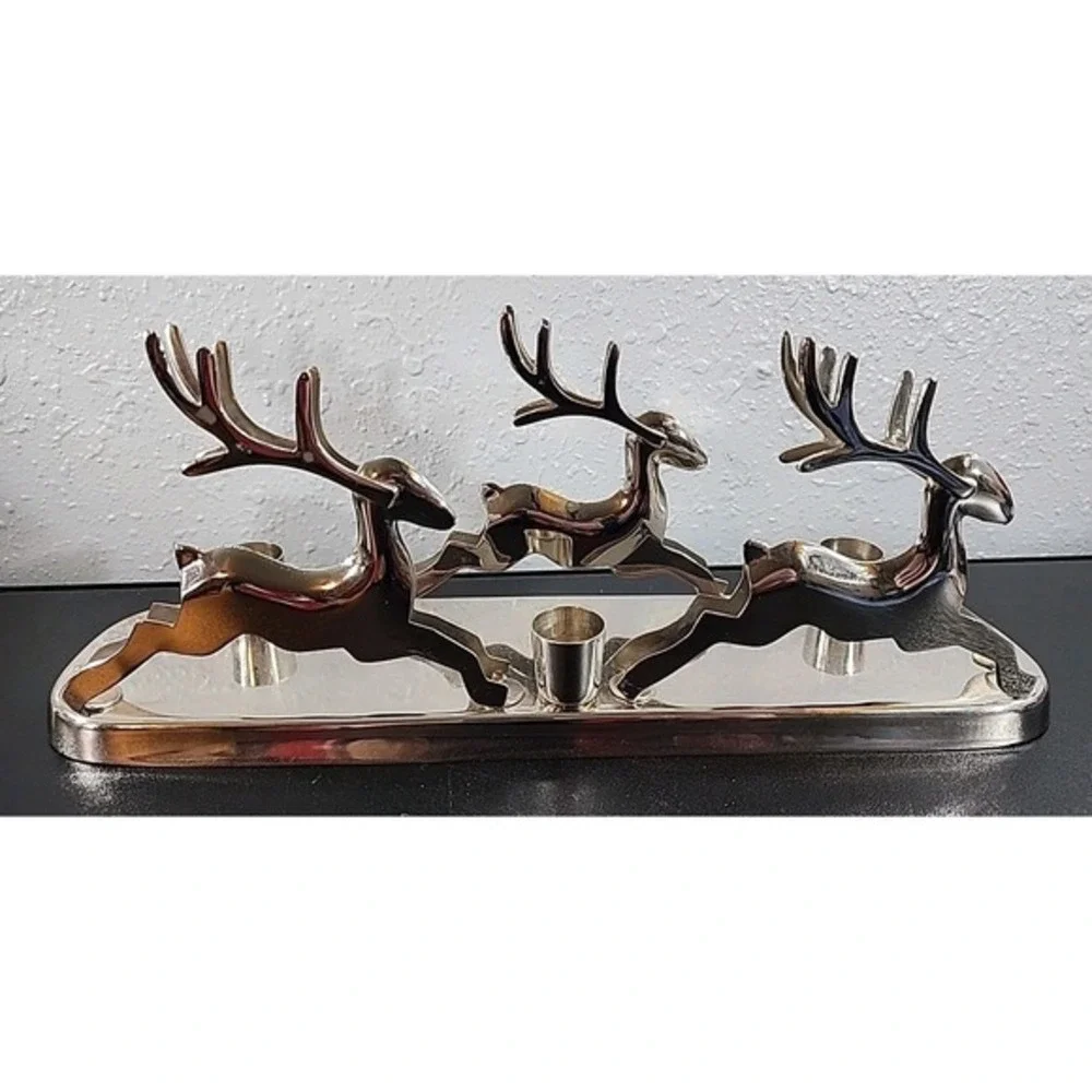 CRATE & BARREL 3 REINDEER‎ TRIPLE TAPER CANDLE HOLDER SILVER RECTANGULAR STAND